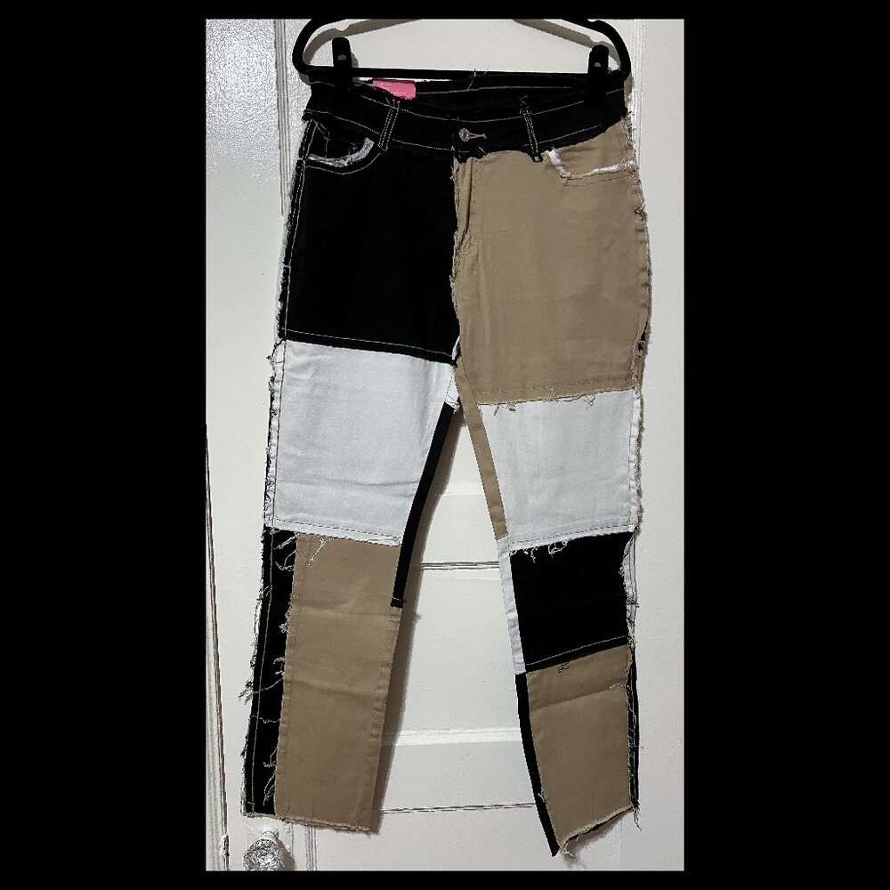 Duopindun Womens High Waist Straight Leg Colorblock Patchwork Jeans XXL NWT